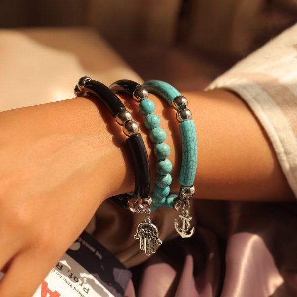 مجموعة أساور مرساة - أكريليك فيروزي وأسود