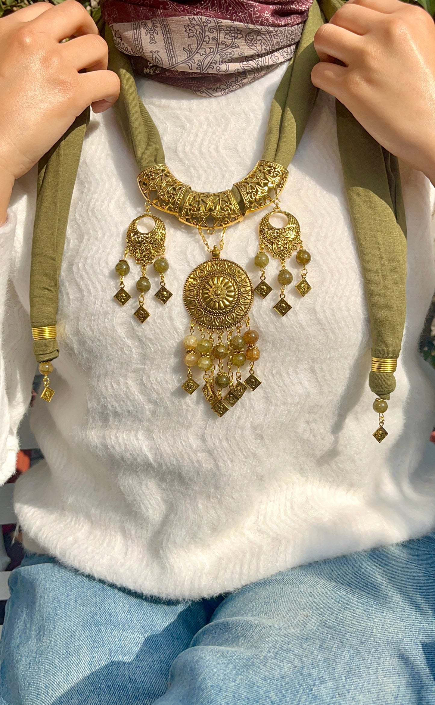 Soft Olive Necklace Scarf - Cotton