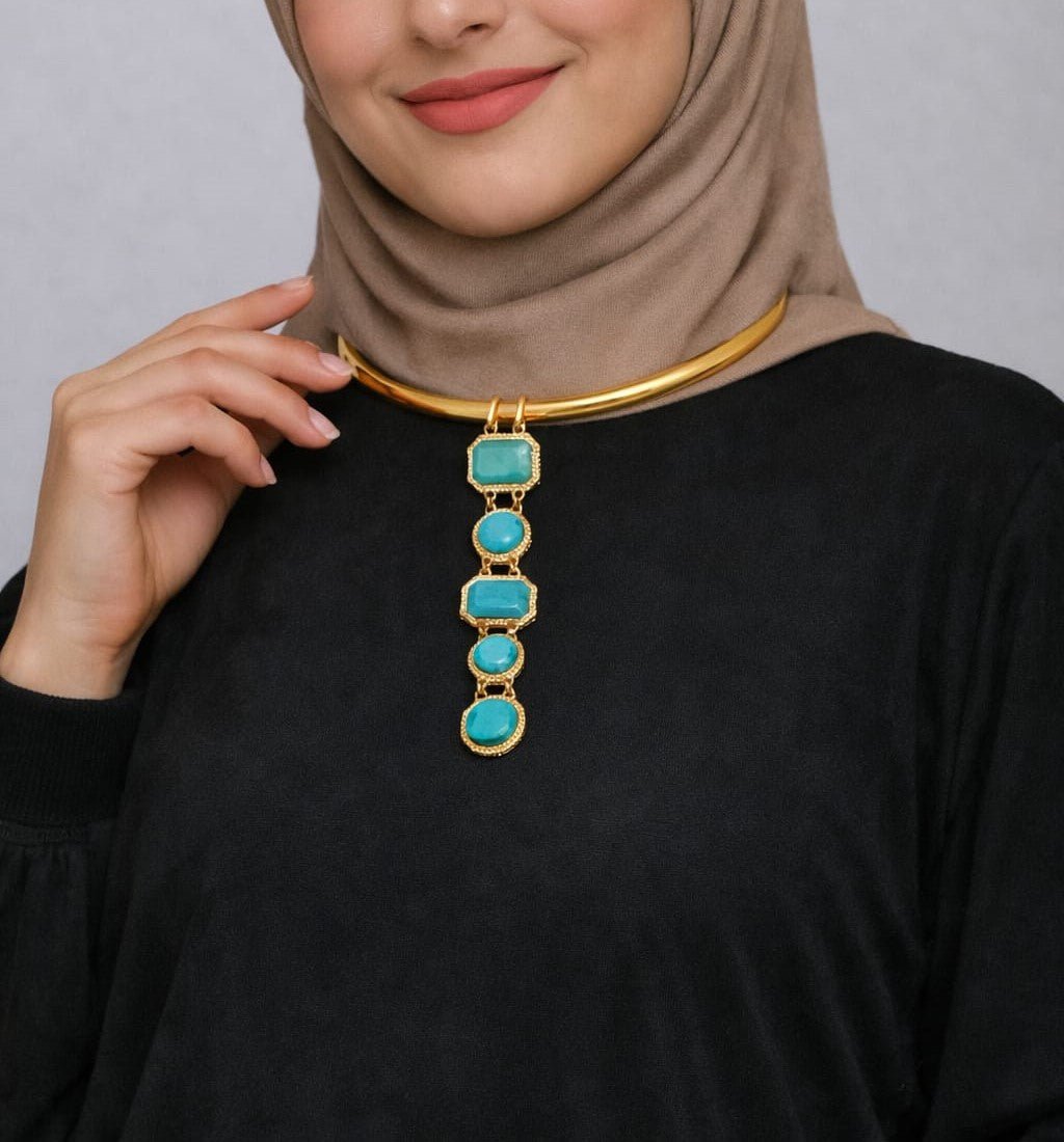 Turquoise Drop Choker Necklace - Gold Plated