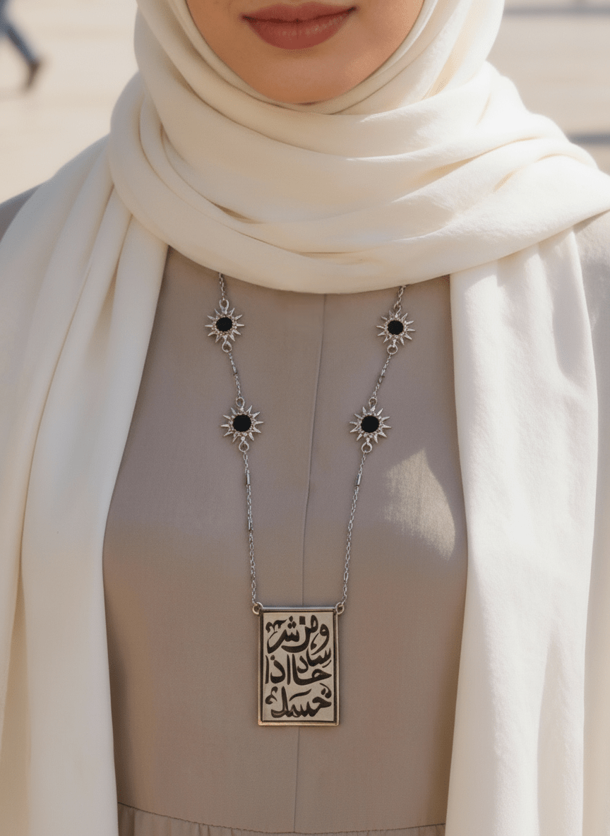 Black Flower Necklace - Silver Plated