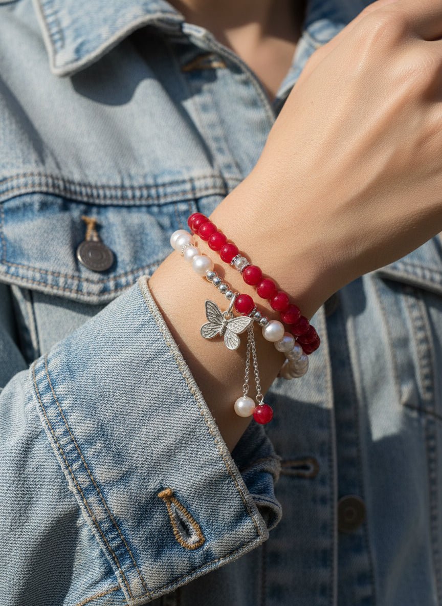 Butterfly Bracelet - Red And White Stones