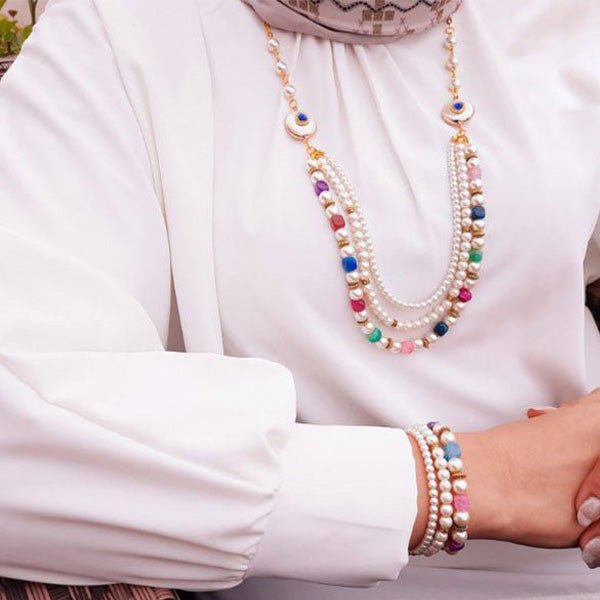 مجموعة لؤلؤ ملونة - مطلية بالذهب