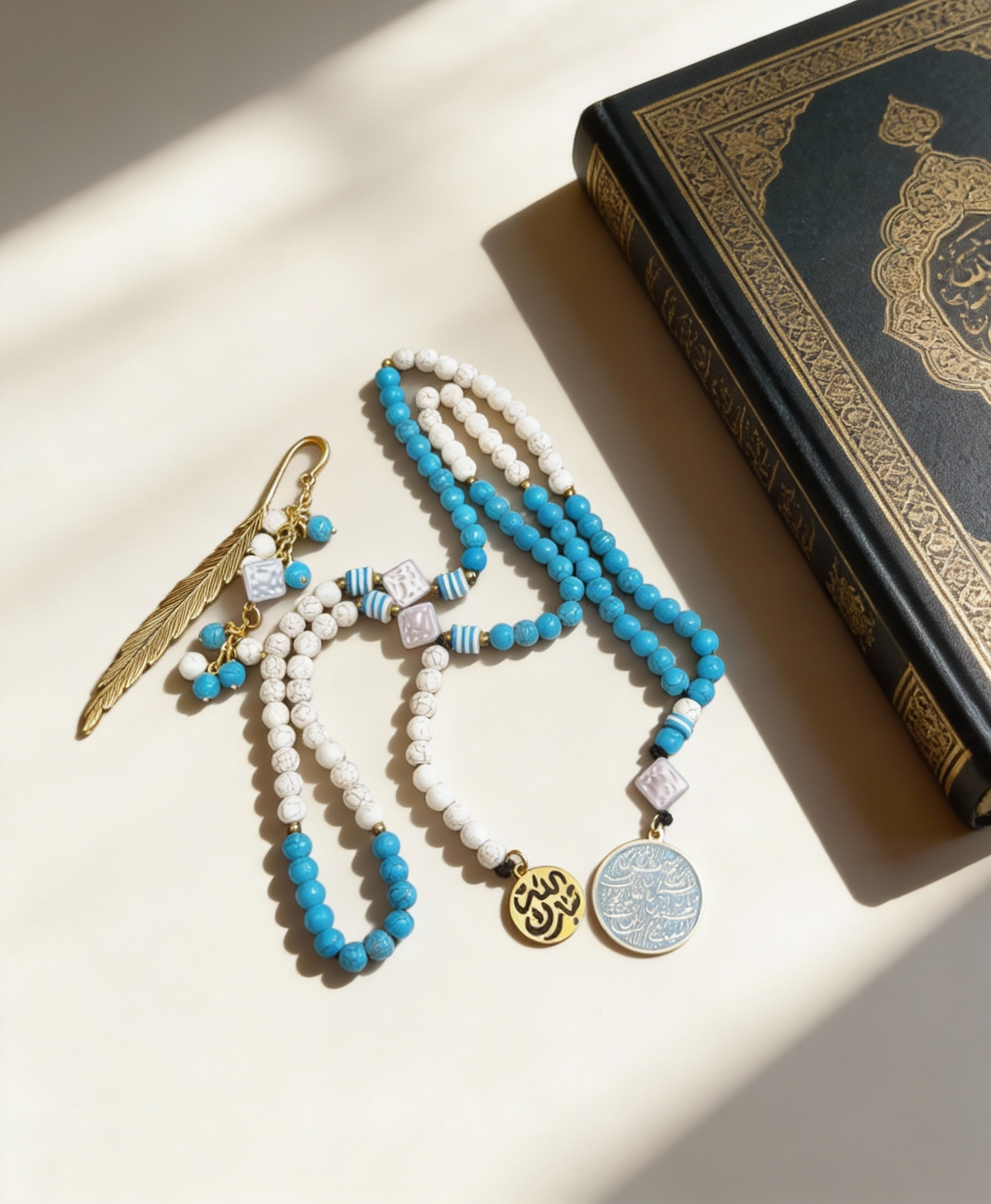 White & Blue Rosary with Book Separator - Fayrouz Stones