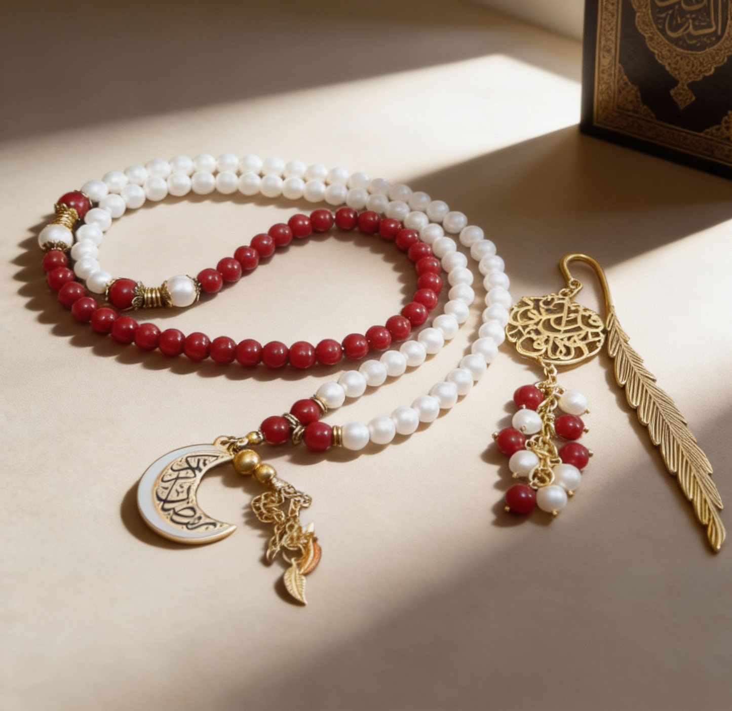 White & Berry Rosary with Book Separator - Coral & Pearls
