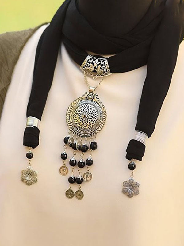 Farida Agate Necklace Scarf - Black Chiffon