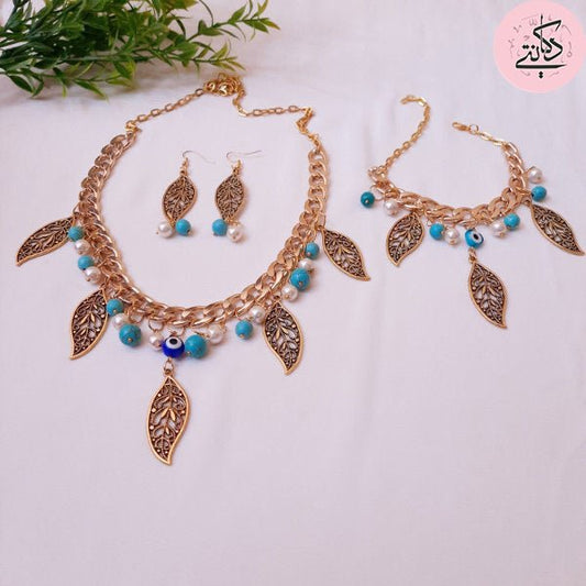 Golden Leaves Pearl Set - Pearl And Turquoise