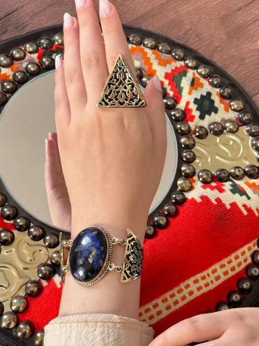 Traditional Arabian Set - Pure Copper with Navy Blue Agate