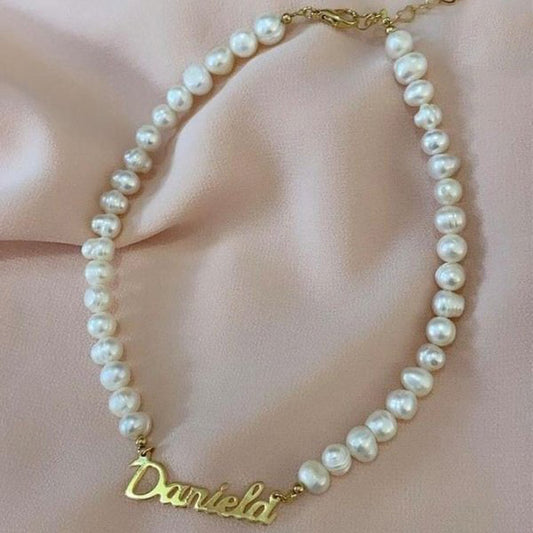 Natural Pearl Name Customized Necklace  - Gold Plated