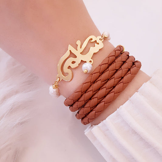 Customized Name with Leather Bracelets Set - Gold Plated