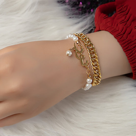 Customized Name Bracelet with White Pearl - Gold Plated