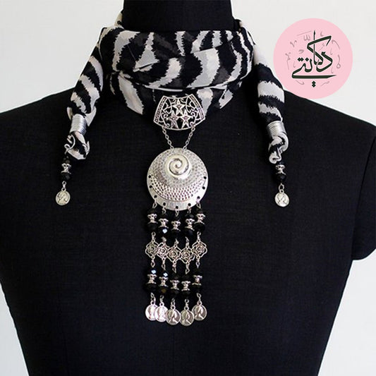 Dalia Scarf with Necklace - Black & White