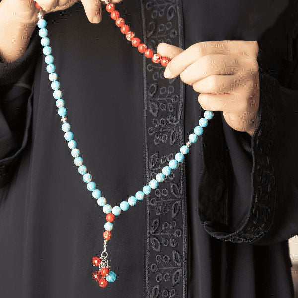 Al-Fardoos Rosary - Turquoise and Red Agate