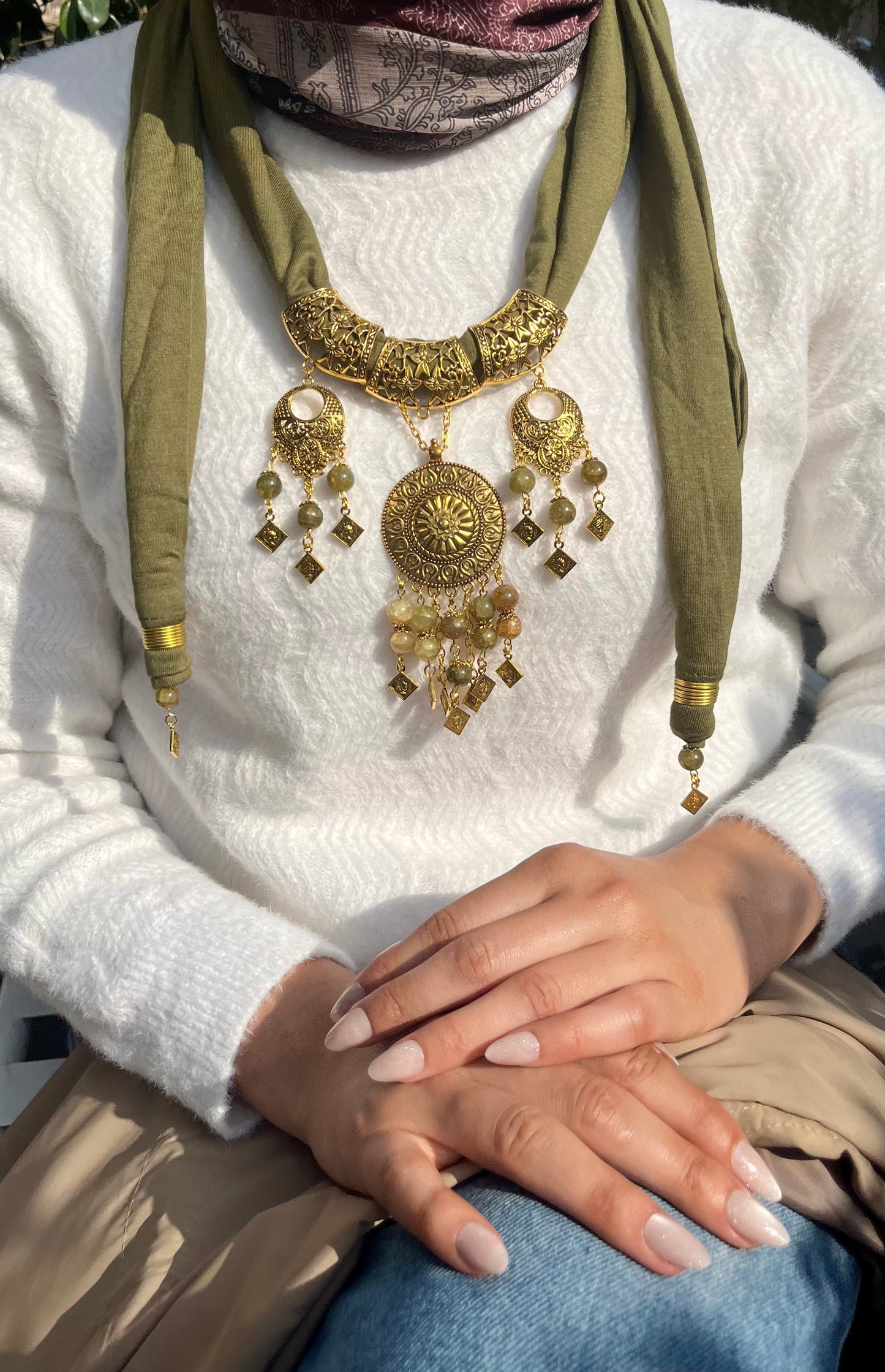 Soft Olive Necklace Scarf - Cotton