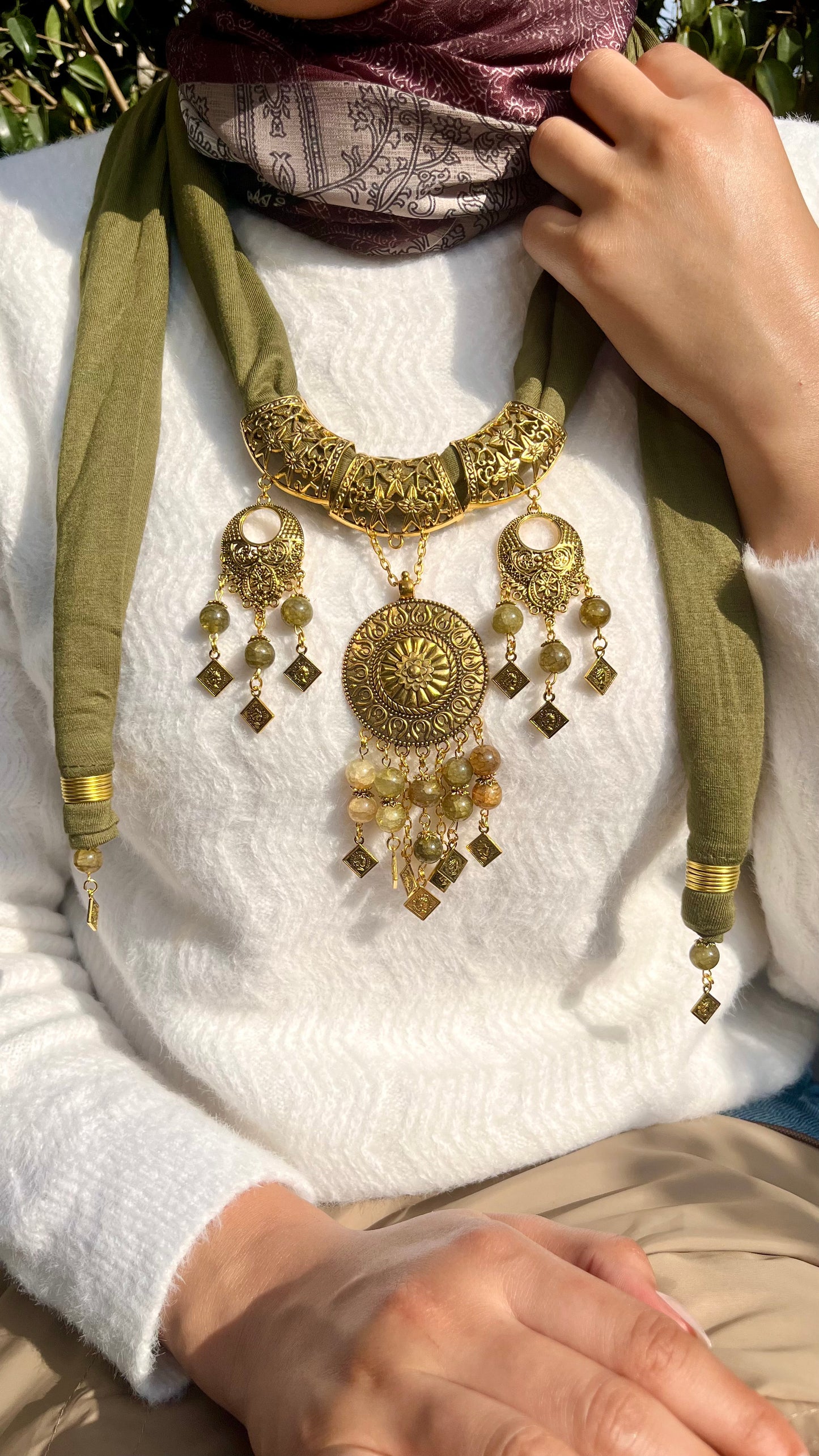 Soft Olive Necklace Scarf - Cotton