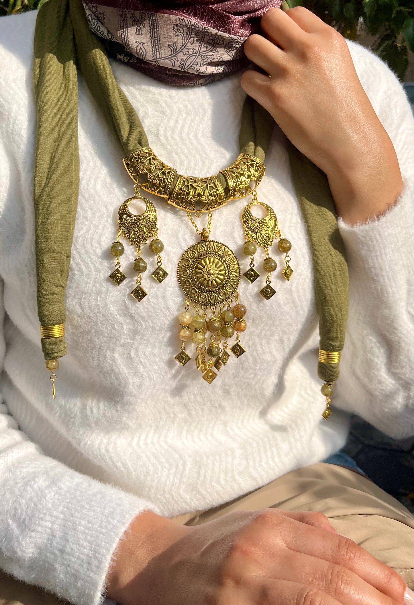 Soft Olive Necklace Scarf - Cotton