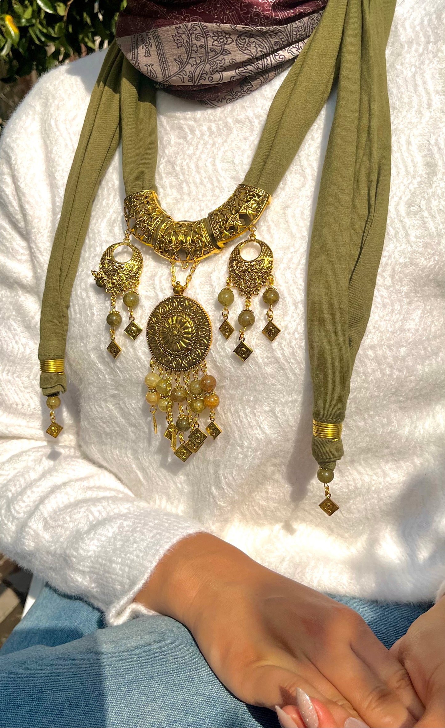 Soft Olive Necklace Scarf - Cotton