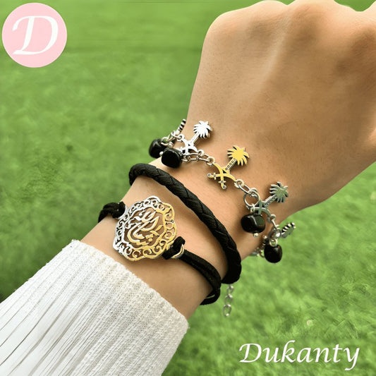 Elegant Black Leather And Metal Bracelets