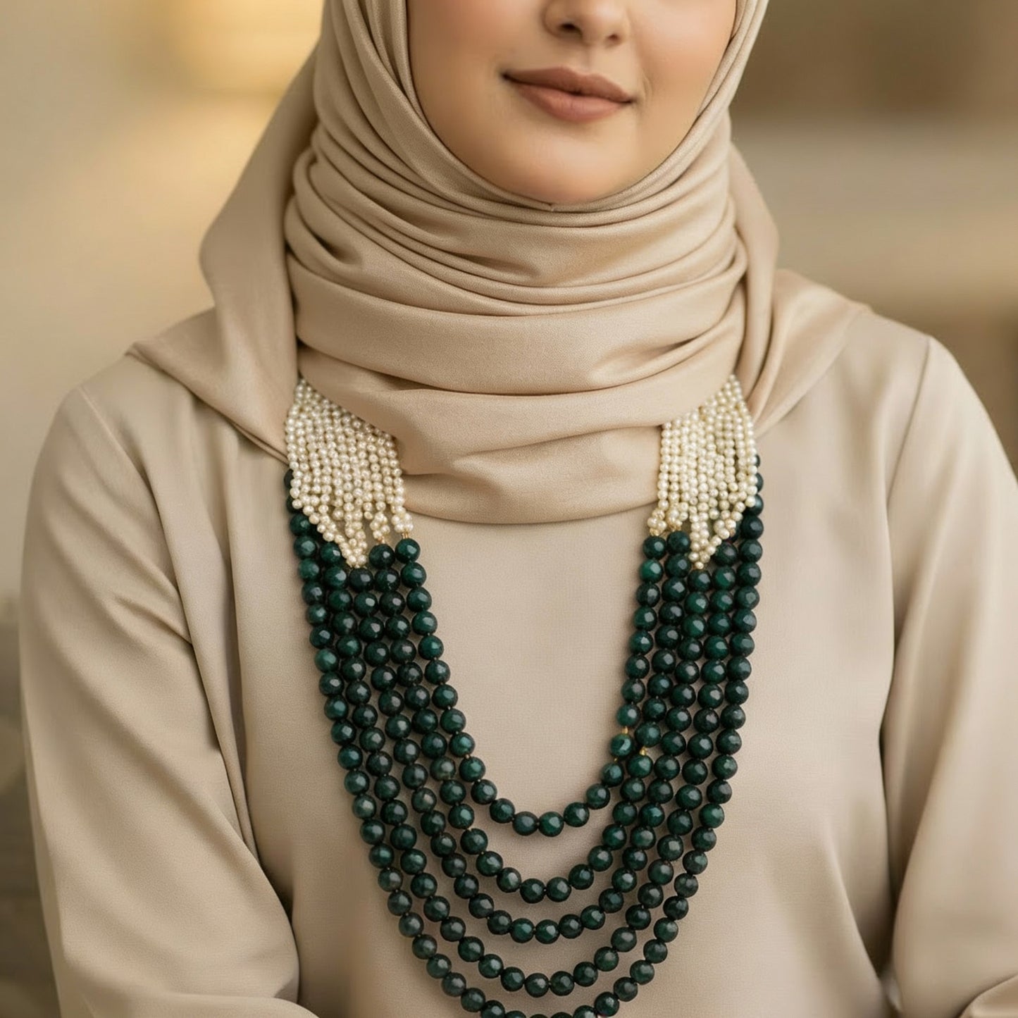 قلادة فاخرة - عقيق أخضر داكن ولؤلؤ
