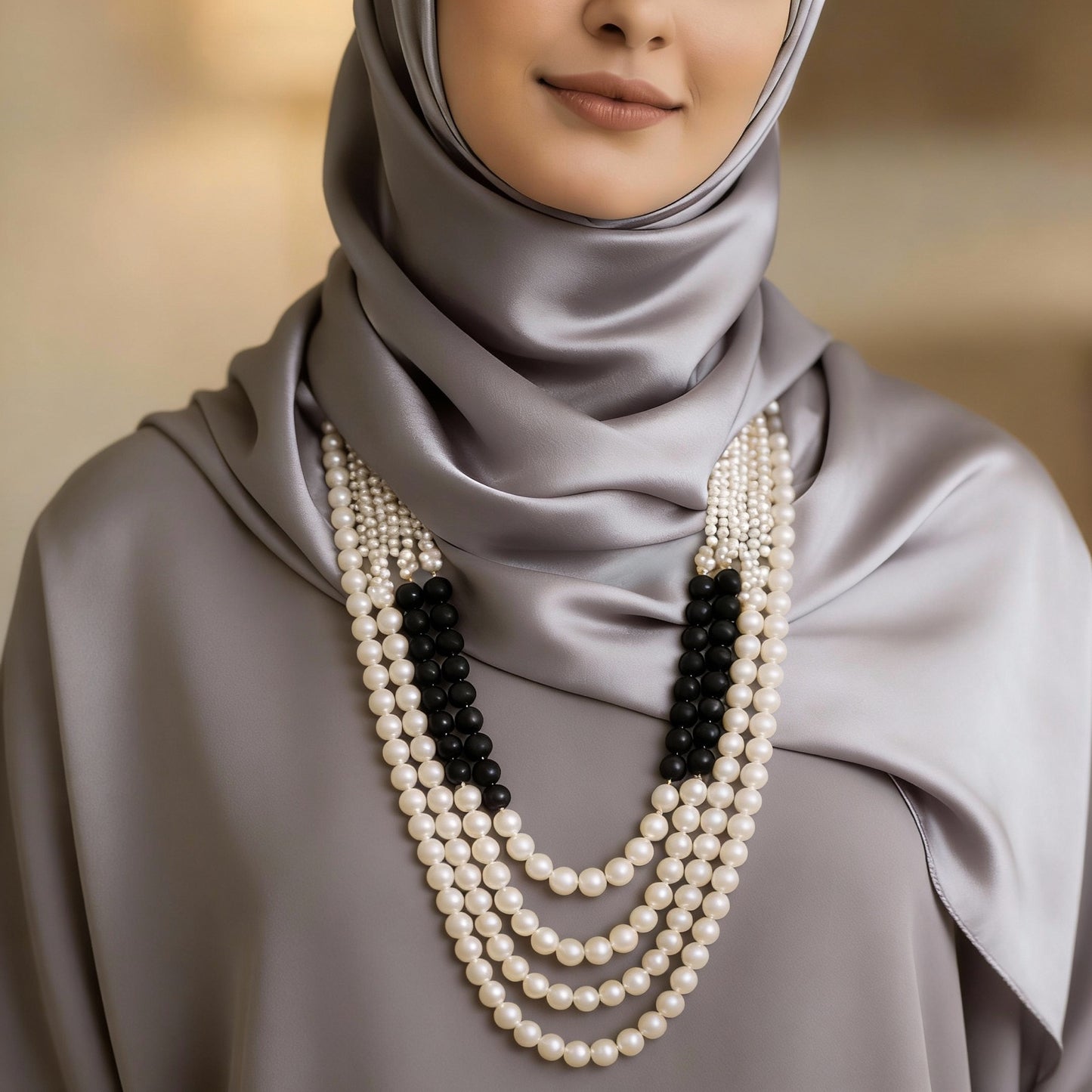 قلادة أنيقة - عقيق أسود ولؤلؤ أبيض