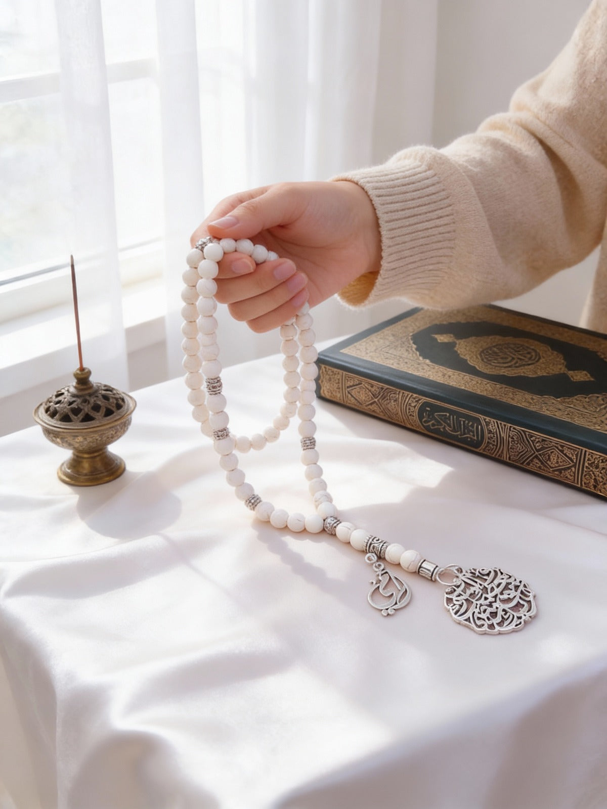 Farida White Turquoise  Rosary - Silver Plated