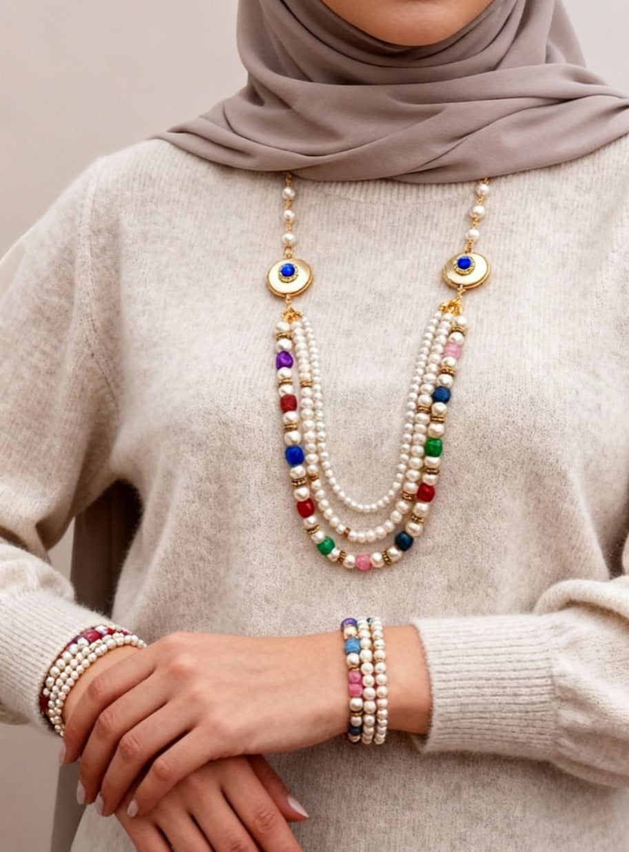 مجموعة لؤلؤ ملونة - مطلية بالذهب