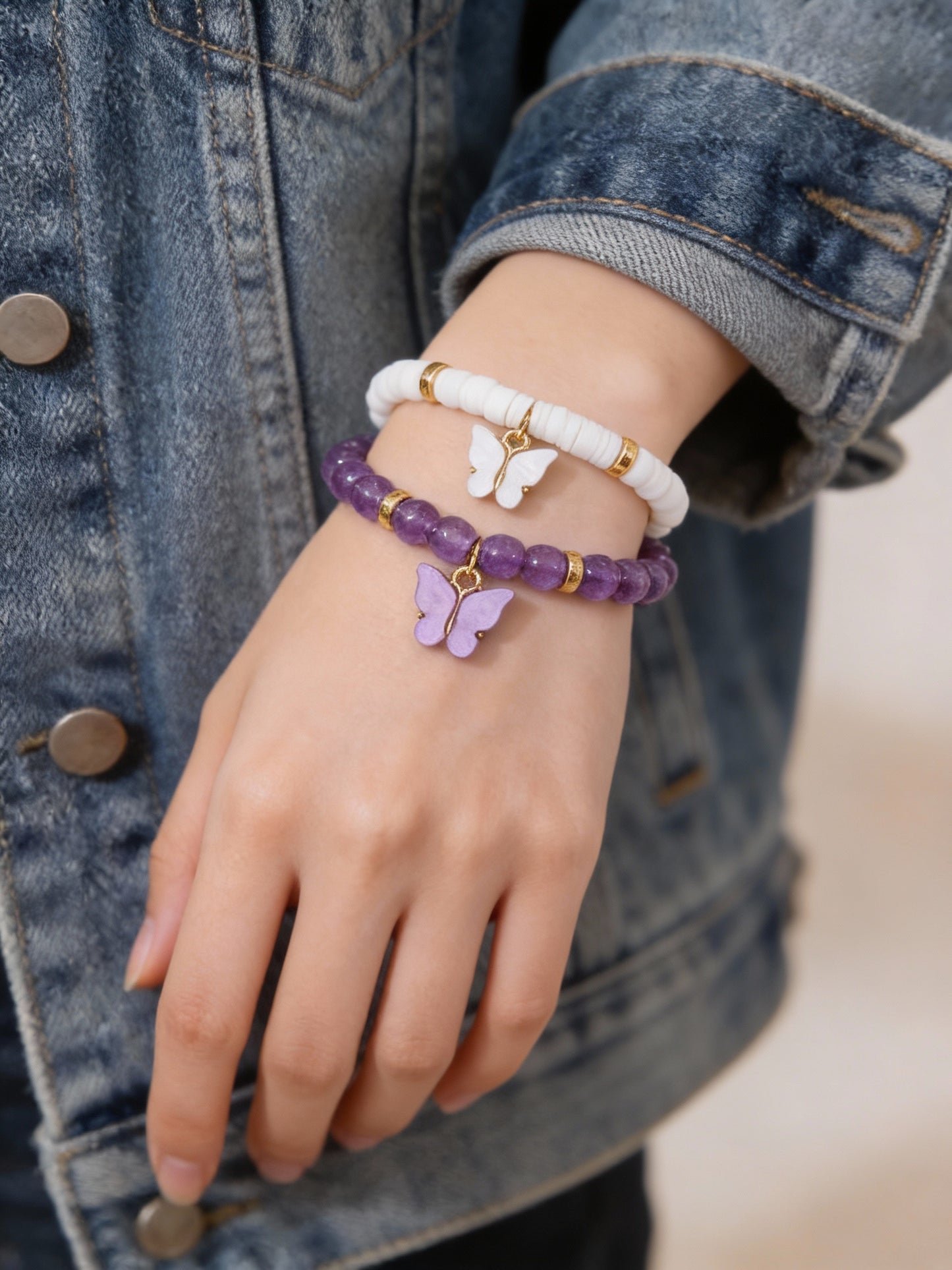 Butterfly Bracelet  - Purple And White Stones