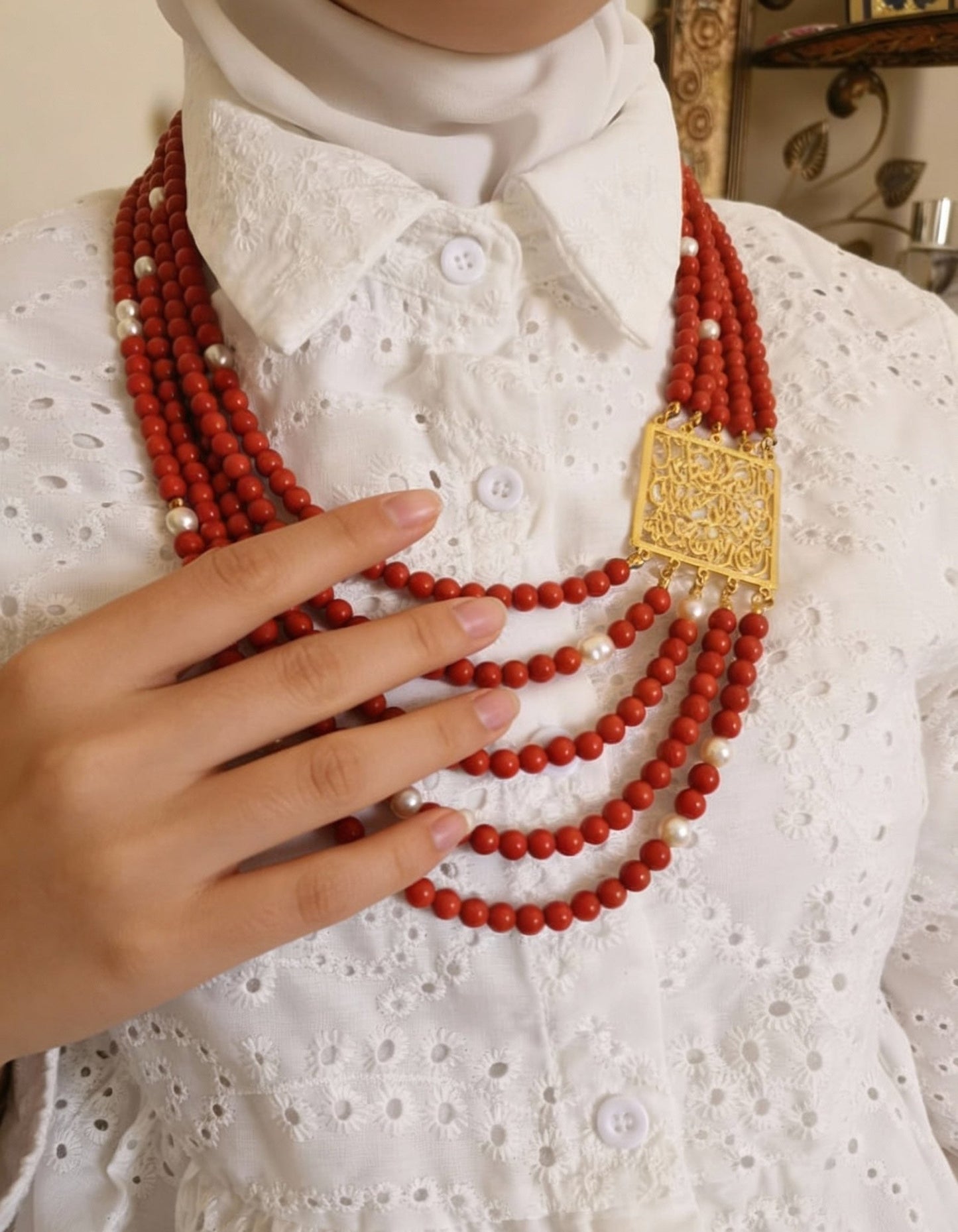 Arabic Necklace - Red Marjan and Golden Beads