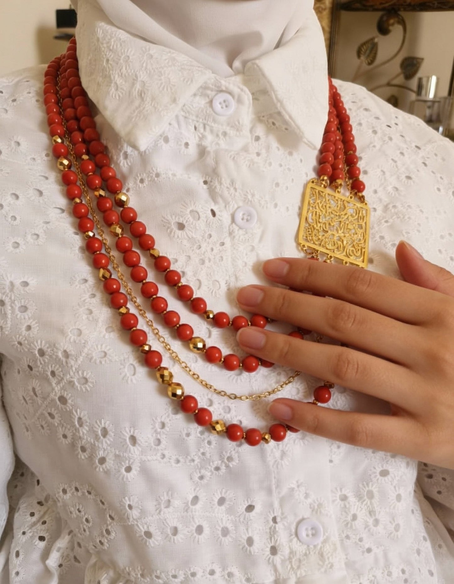 Arabic Necklace - Red Marjan and Golden Beads