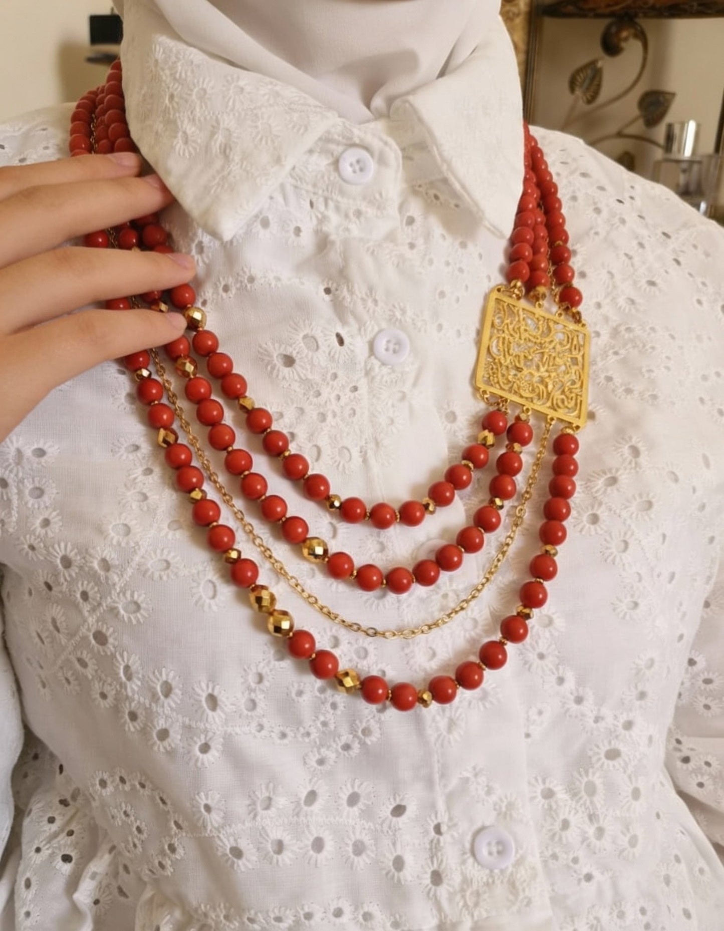 Arabic Necklace - Red Marjan and Golden Beads