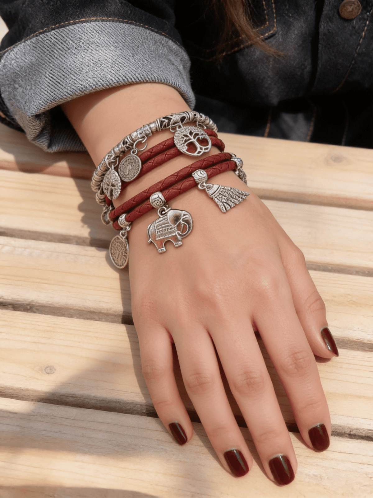 Nirvana Bracelets Set - Dark Red Leather