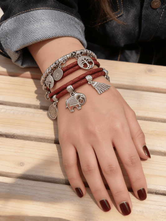 Nirvana Bracelets Set - Dark Red Leather