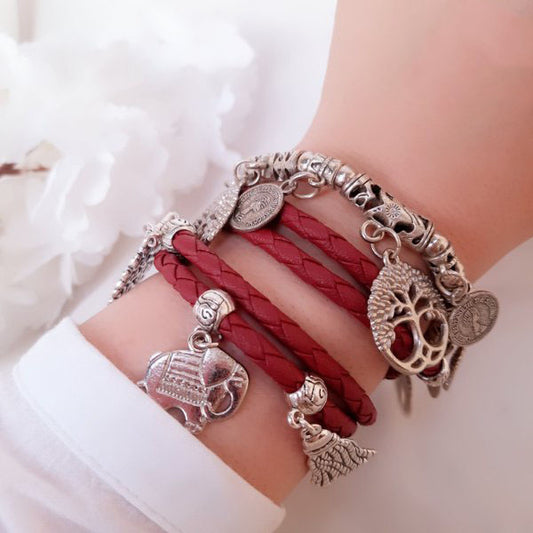 Nirvana Bracelets Set - Dark Red Leather