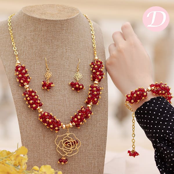 Crystal Carmine Stone With Gold Plated Pendant Set