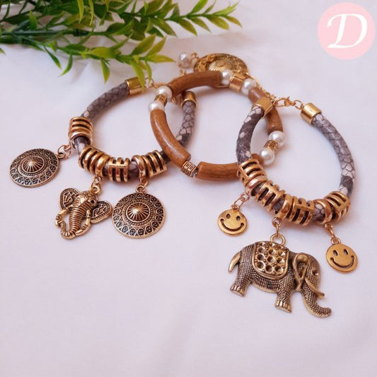 Indian Elephant Bracelet Set  - Leather