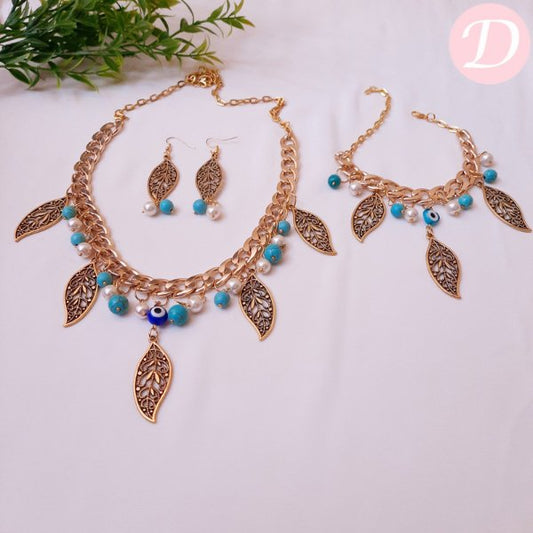 Golden Leaves Pearl Set - Pearl And Turquoise