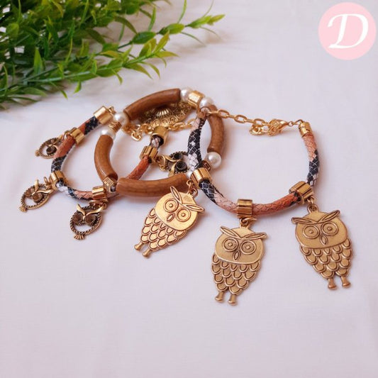Golden Owl Bracelet Set  - Aclyric and leather