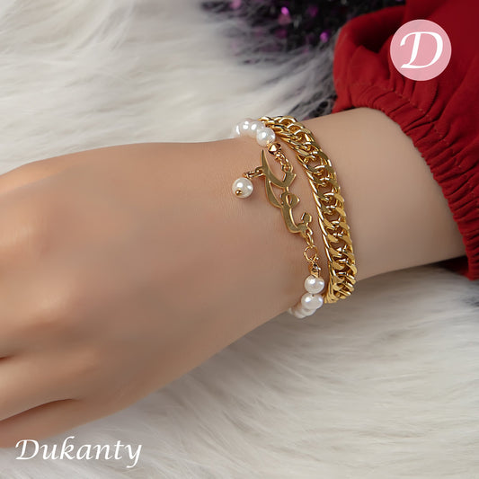 Customized Name Bracelet with White Pearl - Gold Plated