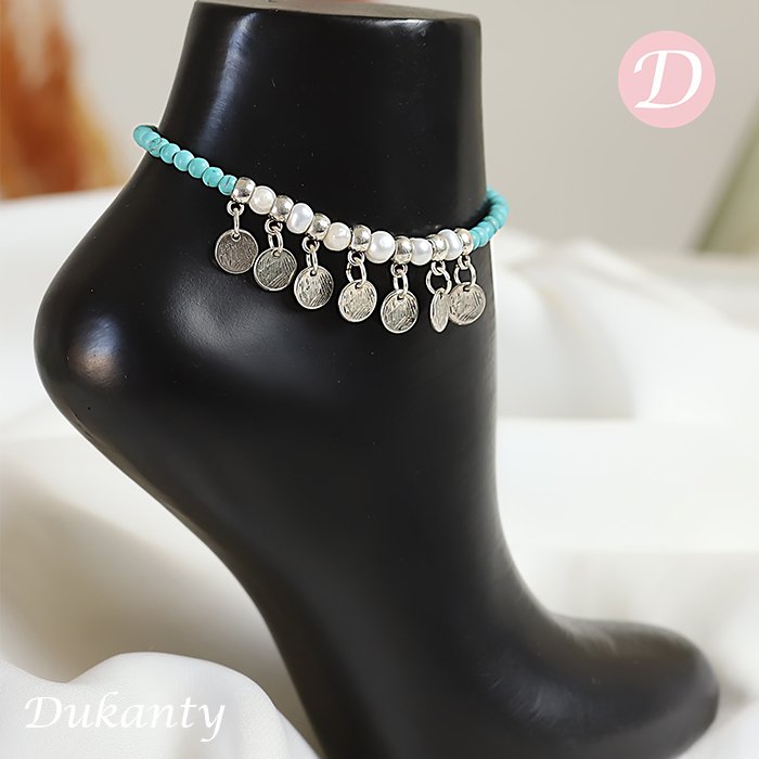 Pearl with Turquoise Anklet - Silver Plated