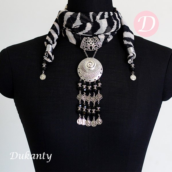 Dalia Scarf with Necklace - Black & White