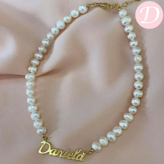 Natural Pearl Name Customized Necklace  - Gold Plated