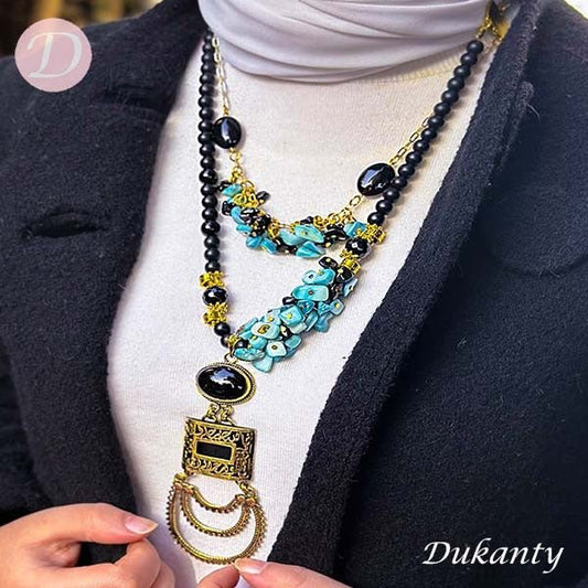 Fatima Necklace - Onyx and Turquoise Stone